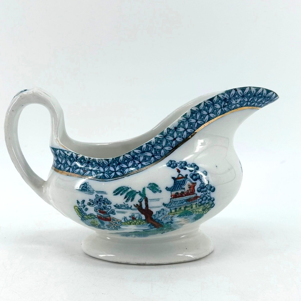 Wood & Son Pekin Royal Semi Porcelain Gravy Boat Blue White Chinoiserie Antique